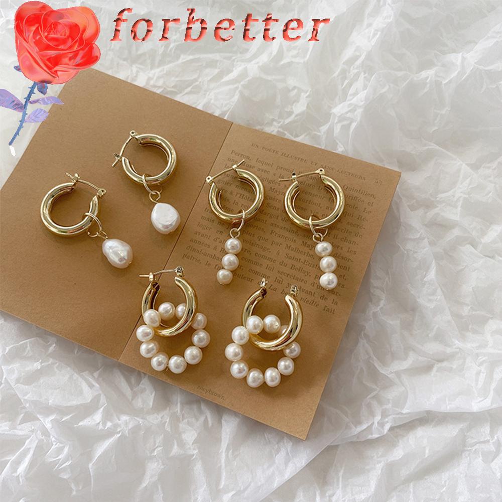 FORBETTER Women Pearl Earrings Chunky Fashion Jewelry Hoop Earrings Elegant Charm Fashion Temperament Ladies Vintage Freshwater Pearl