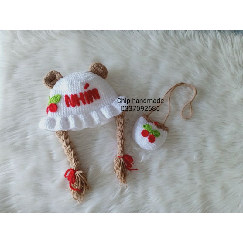 Set Mũ nón tóc giả tai gấu + túi Cherry cho bé