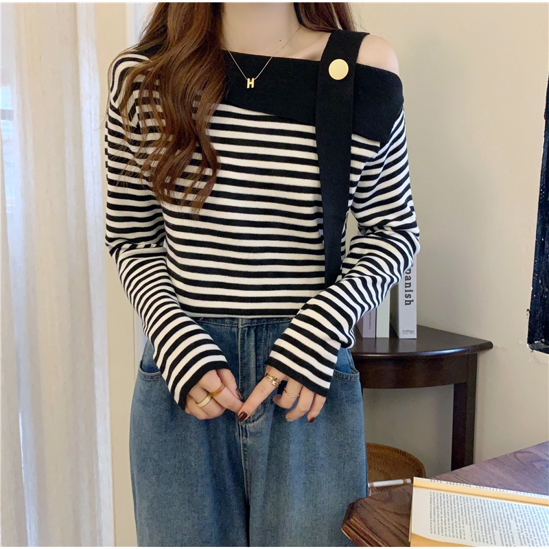 Áo Dệt Kim Tay Dài Hở Vai Họa Tiết Kẻ Sọc Thời Trang Thu Đông Hàn Quốc Mới Dành Cho Bạn Nữ