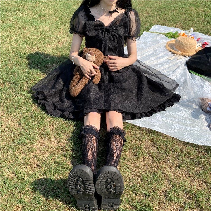 Đầm chữ A tay ngắn phối lưới đính nơ thời trang phong cách lolita xinh xắn dành cho nữ