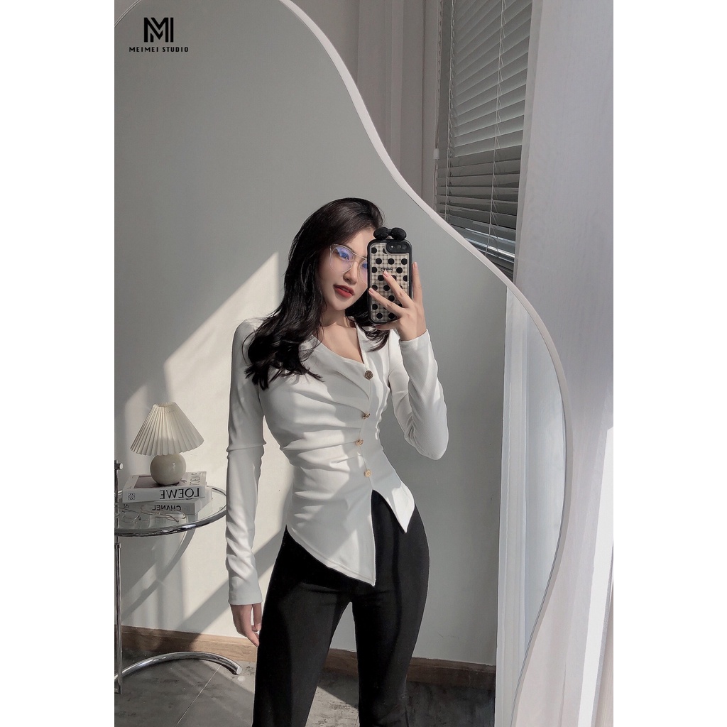 Áo thun nữ khuy chéo ngực dài tay, dáng ôm body, vải co giãn, dễ phối đồ | XKA45 | MeiMei Studio