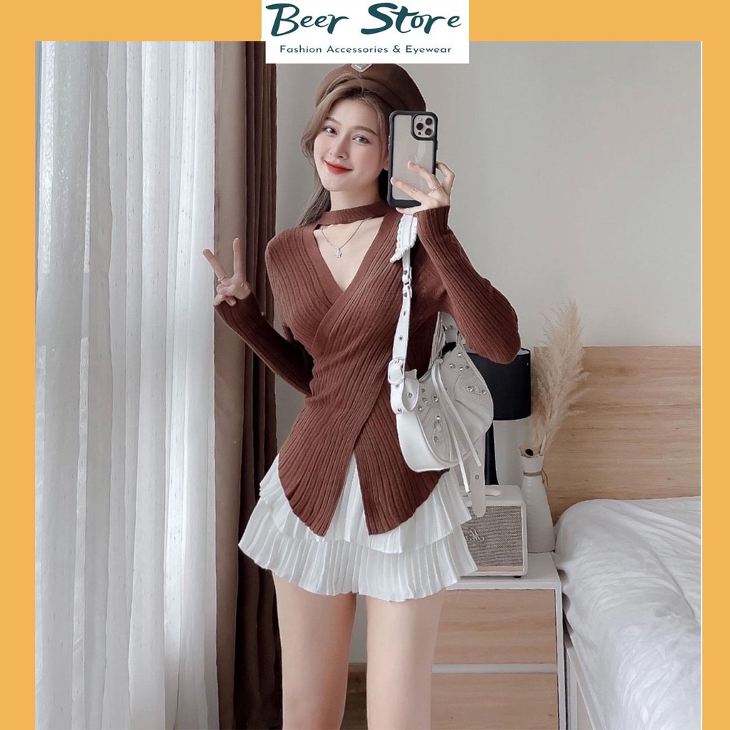 Áo Len QCCC Vạt Chéo Cổ Sexy Ôm Dáng Tay Dài Các Nàu Basic Phối Đồ Cực Yêu