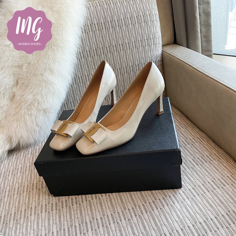 Giày Cao Gót Da Bóng Mũi Vuông Đính Nơ Đơn Giản Cho Nữ