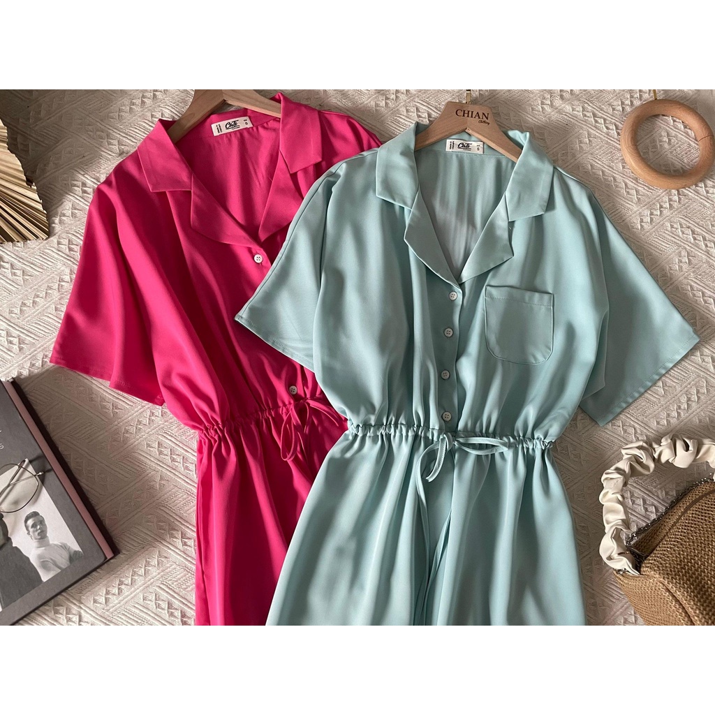 Jumpsuit Cổ Vest 2 Màu Xanh Hồng A1336 Ngắn Tay, Chun Eo Chất Vải Đanh Mướt Không Nhăn