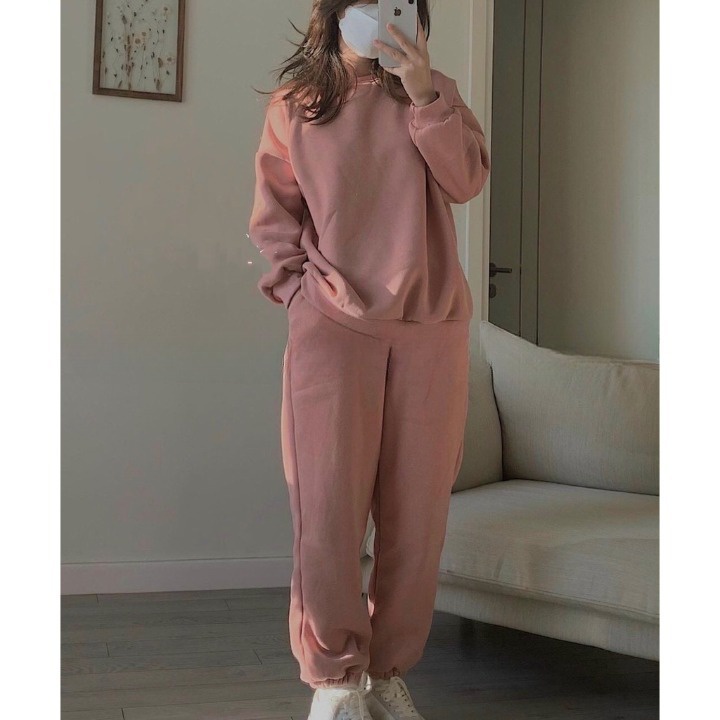 Đồ bộ nỉ nữ - Quần ống rộng và áo thun dài tay lệch tà Chất vải nỉ cotton mềm mịn Thu tới mà diện em này thì bao ngầu