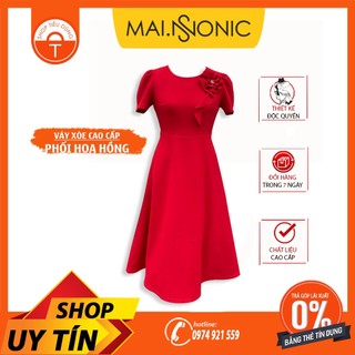 Váy xòe cao cấp ngắn tay phối hoa hồng - made in việt nam
