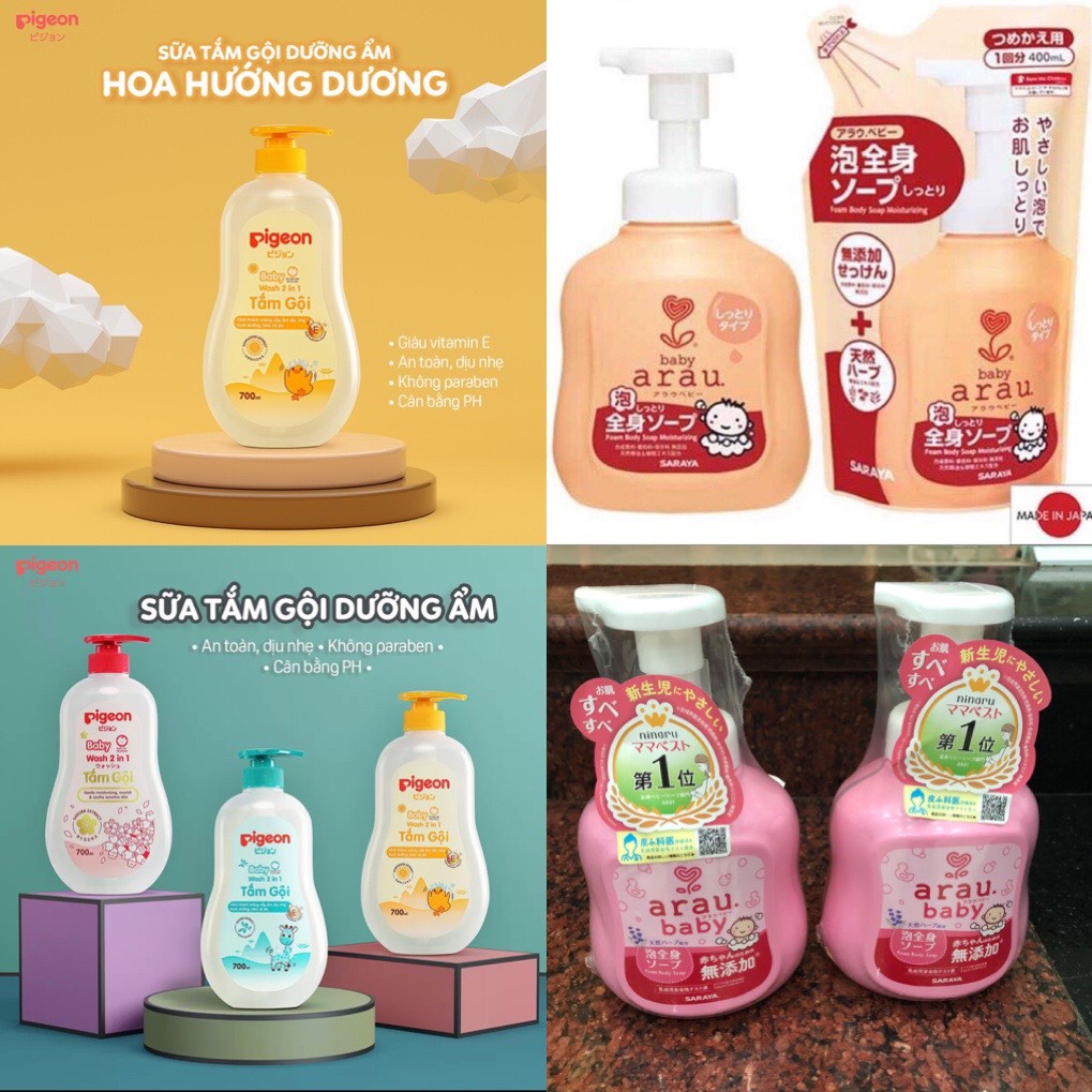 Sữa tắm gội trẻ em bé sơ sinh, sữa tắm dưỡng ẩm dầu gội đầu arau baby pigeon thảo dược hướng dương jojopa vàng 7000ml