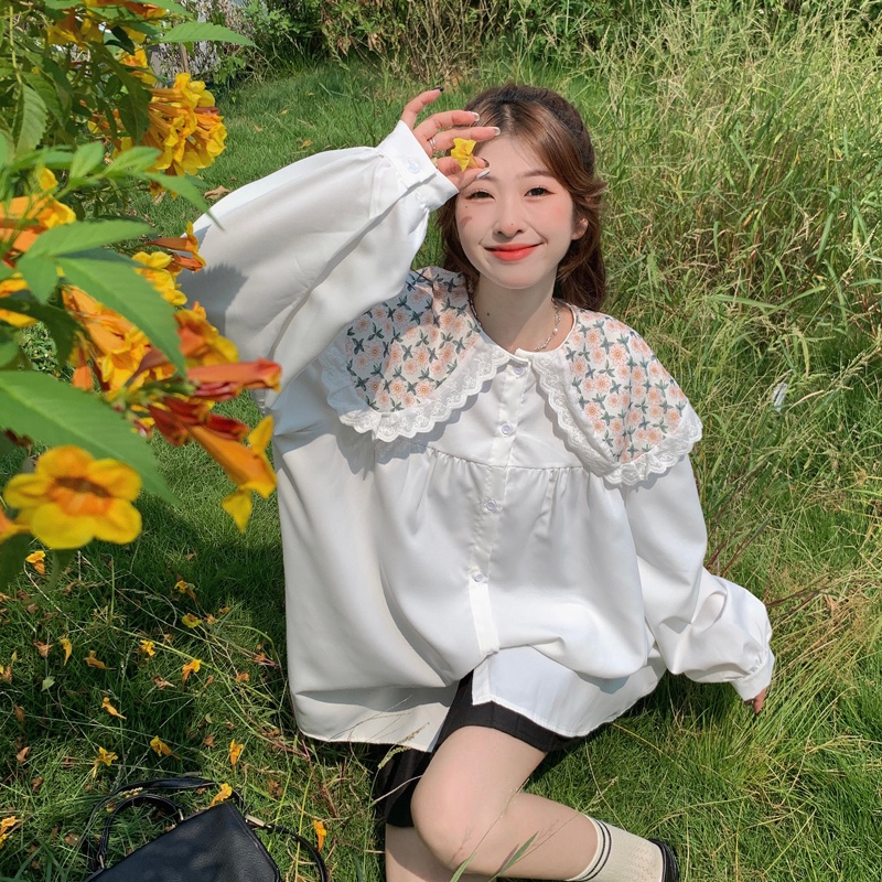 Áo sơ mi SUXI dài tay cổ búp bê họa tiết hoa dễ thương phong cách Hàn Quốc thời trang mùa thu dành cho nữ