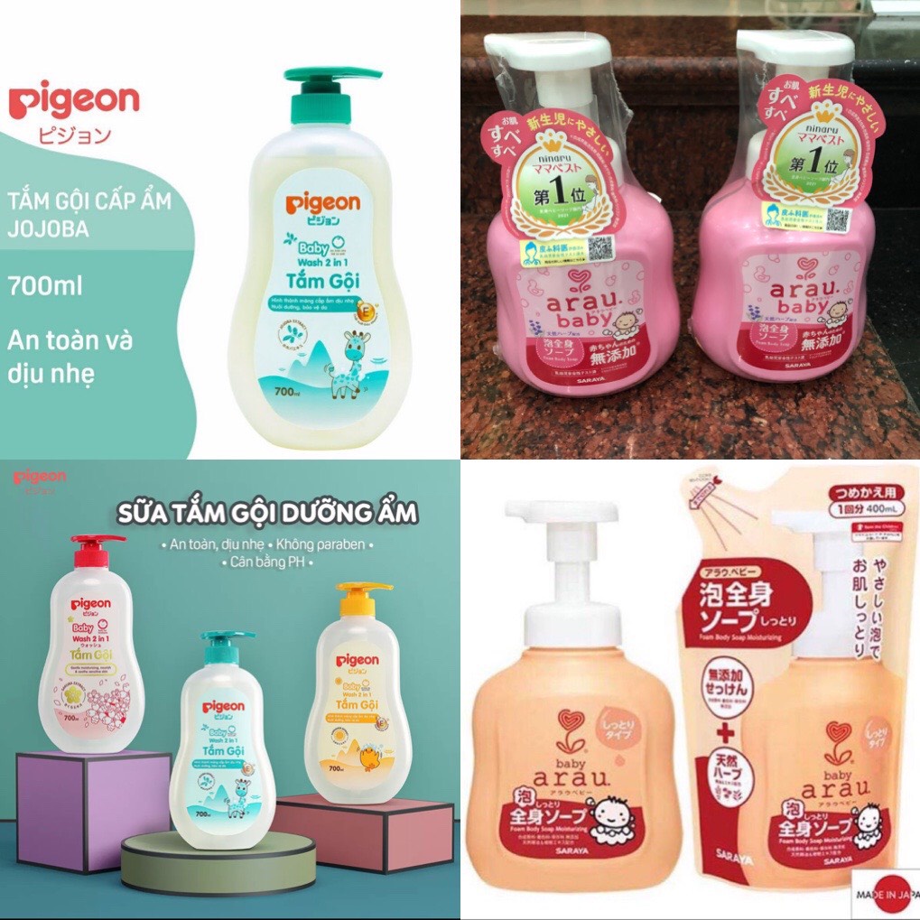 Sữa tắm gội trẻ em bé sơ sinh trai gái arau baby pigeon dầu gội dưỡng ẩm dịu nhẹ 700ml nhật nhật bản thảo dược thảo mộc