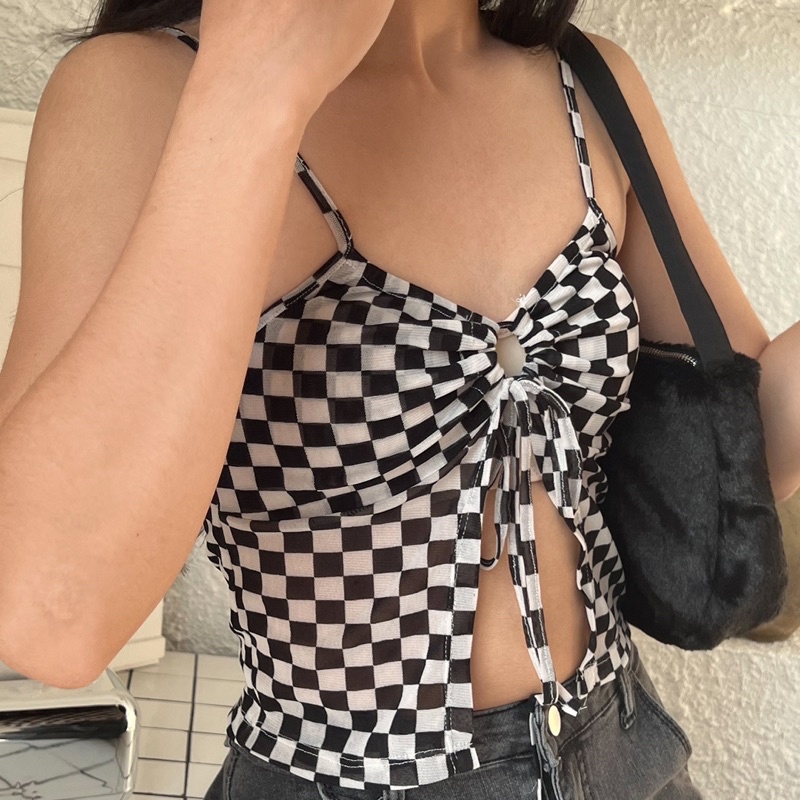 [SIE] Checkmate Top - Áo lưới hai dây hoạ tiết bàn cờ caro trắng đen