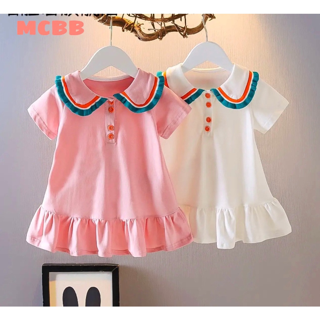 MCBB - 24-45 Kg 100% Vải Cotton Váy Bé Gái Váy Chữ A Đuôi Cá Cổ Sen Trơn Đầm Bé Gái Suông Công Chúa Thời Trang Trẻ Em Nữ