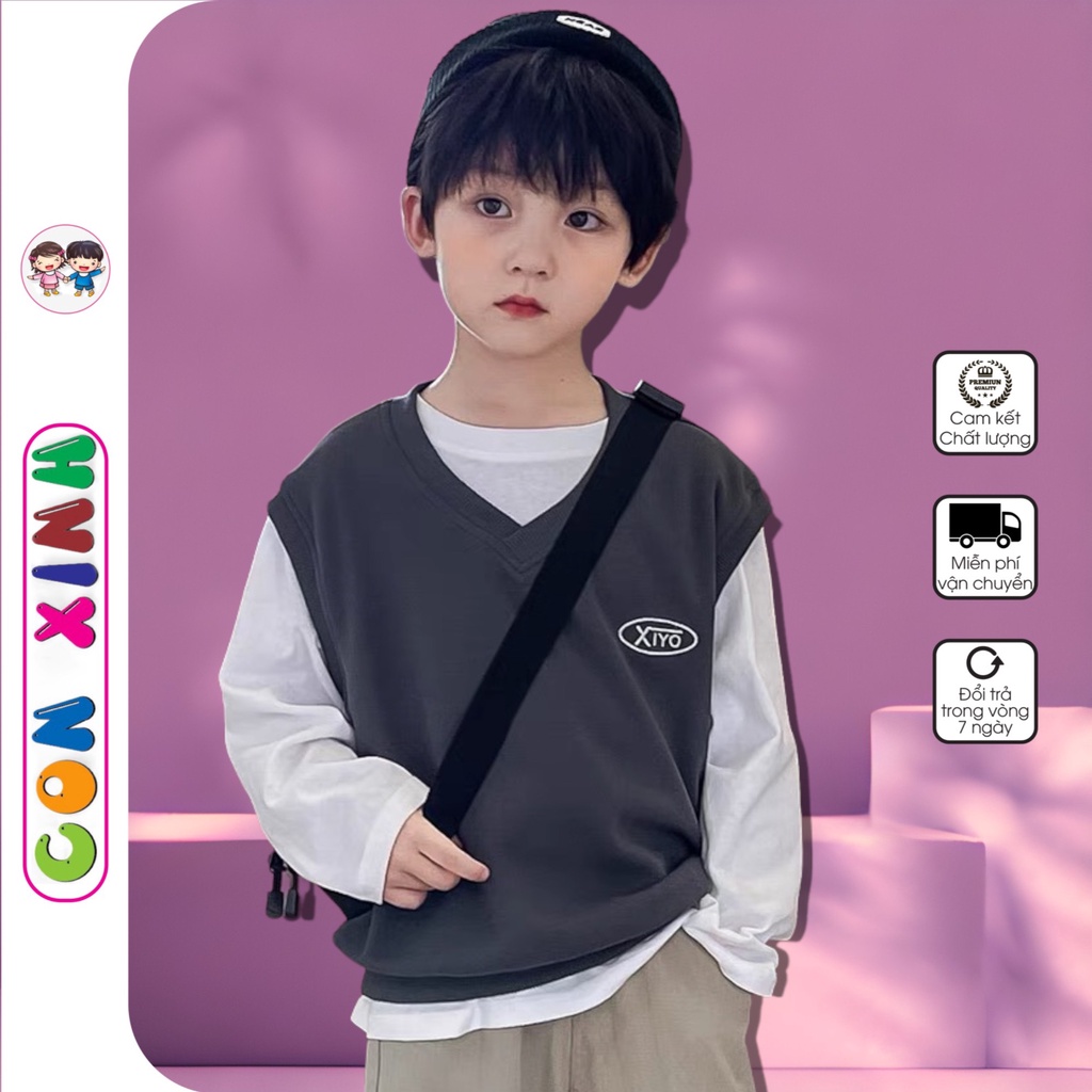 Áo gile bé trai Con Xinh phom rộng nỉ phong cách đơn giản XIYO,thời trang thu đông cho bé từ 4 đến 10 tuổi