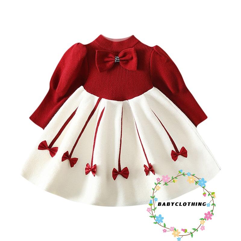 Đầm Chữ A Tay Dài Cổ Tròn Phối Nơ Thời Trang Mùa Thu Cho Bé Gái