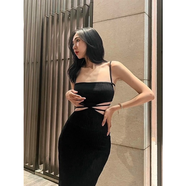Đầm đen xốp body dáng dài 2 dây khoét eo đan lưng Đầm váy đi chơi dạo phố dự tiệc sang trọng quý phái sexy hotgirl tk