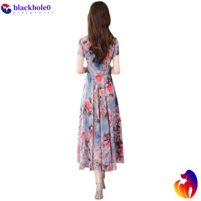 Đầm Dài Qua Gối Tay Ngắn In Họa Tiết Hoa Ngọt Ngào Lãng Mạn Cho Nữ