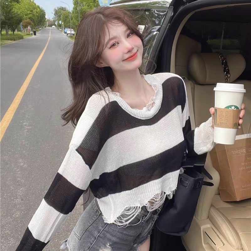 Áo Croptop Tay Dài Phối Kiểu Viền Rách Chất Len Mềm Nhẹ Nhàng Cá Tính