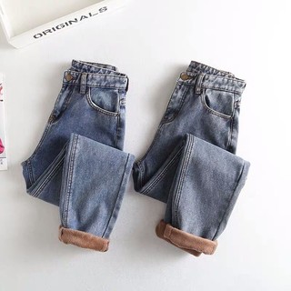 Quần jean baggy lót lông siêu giữ nhiệt, quần jean nữ mùa đông cực ấm