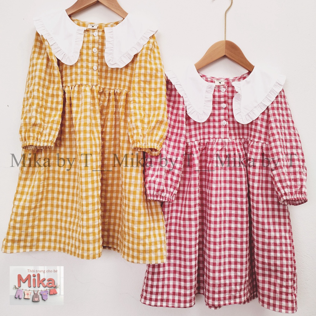 Váy thu đông bé gái MIKA dáng rộng tay dài phối cổ trắng mặc đi học . Đầm thu tay dài bé gái họa tiết sọc caro đỏ vàng