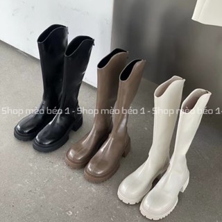 Bốt boot đùi lửng mai phương bùi cổ vát đế đốc bánh mỳ mũi tròn gót vuông fullbox hàng quảng châu cao cấp