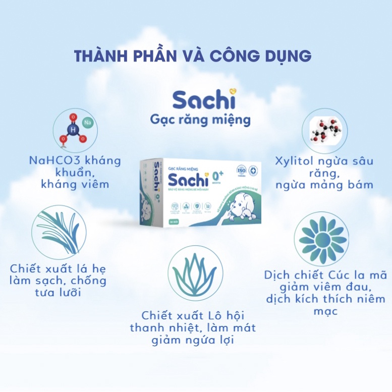 Gạc rỡ lưỡi SACHI kháng khuẩn, chống nấm bảo vệ lưỡi, nướu răng miệng cho bé, Hộp 30 gói