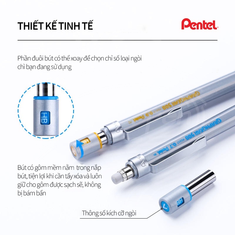 Bút chì kim cơ khí Pentel GRAPHGEAR 500 size ngòi 0.3/ 0.5/ 0.7/ 0.9mm- Chính Hãng