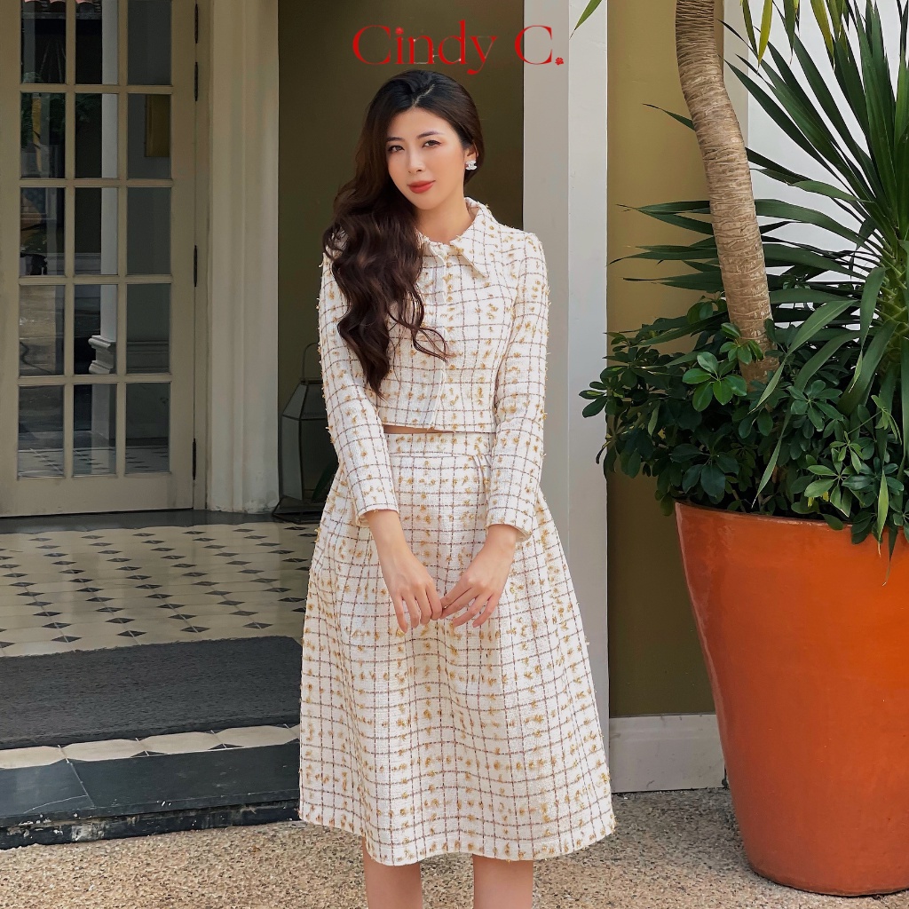 XẢ HÀNG Set Áo khoác và chân váy Kendy CINDY C chất liệu Tweed trắng thanh lịch 247 / 248
