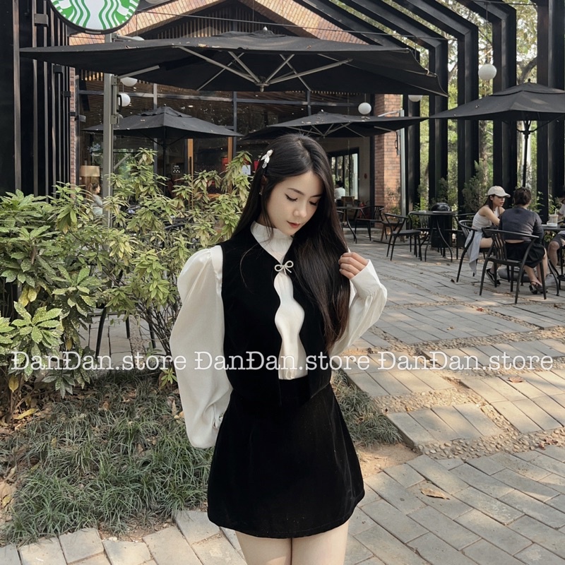 set 3 món sơ mi kèm gile chân váy nhung kèm tag nơ đá (hàng có sẵn)