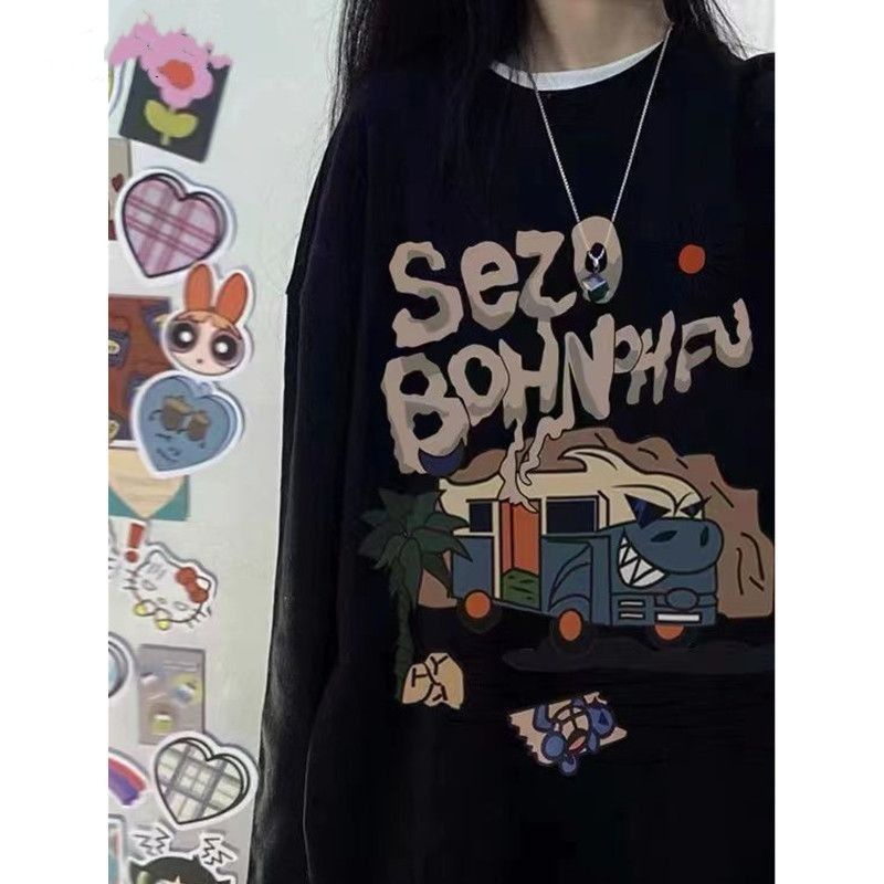 Jiashucheng Áo Nỉ Dài Tay Cổ Tròn Form Rộng In Họa Tiết Ngọt Ngào Phong Cách Mỹ