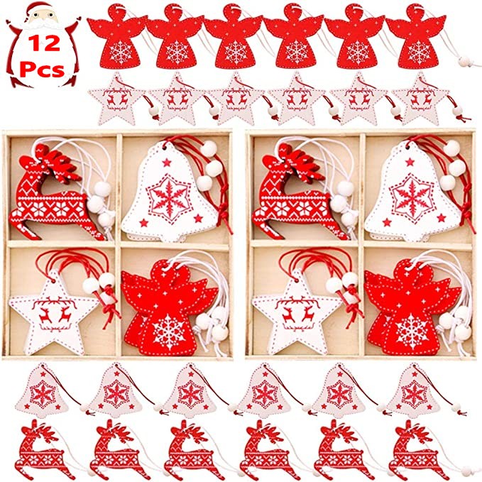 Set 12 Phụ Kiện Treo Trang Trí Cây Thông Giáng Sinh Màu Đỏ Và Trắng