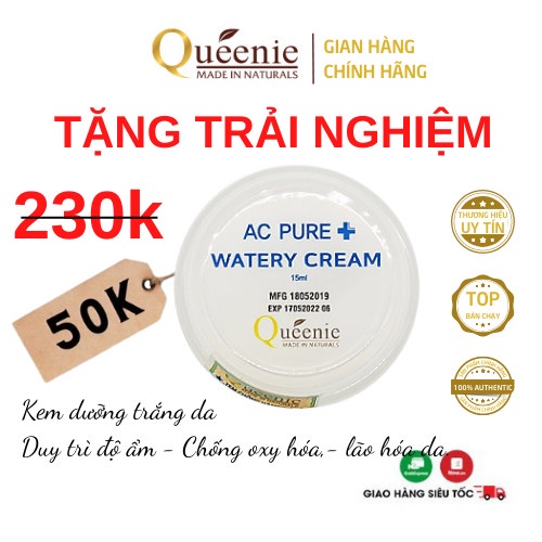 Kem dưỡng trắng da Queenie AC Pure chăm sóc da căng mịn se khít lỗ chân lông Hàn Quốc chính hãng trải nghiệm 15ml