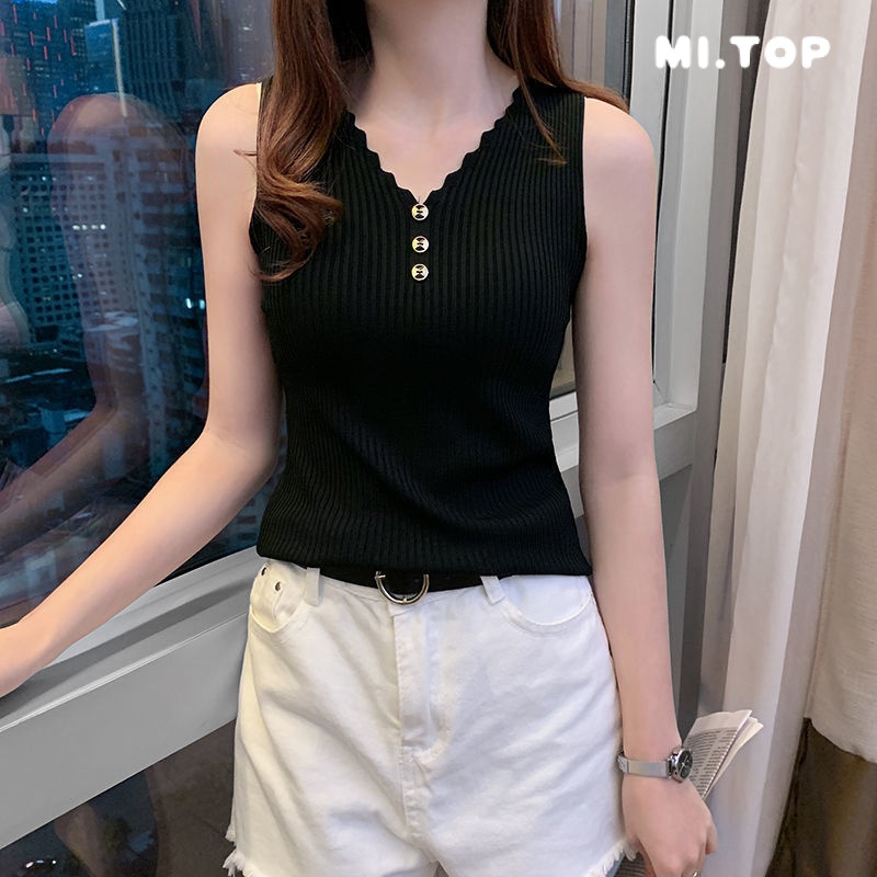 Áo Dệt Kim Sát Nách Dáng Rộng Cổ Chữ v Thời Trang Mùa Hè Cho Nữ 8073