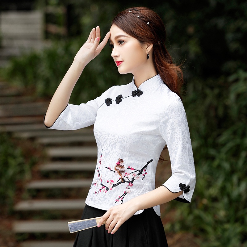 IELGY  Áo Thun Qipao Tay Dài Vừa Thêu Họa Tiết Màu Đỏ Phong Cách Trung Hoa Cổ Điển Thời Trang Cho Nữ