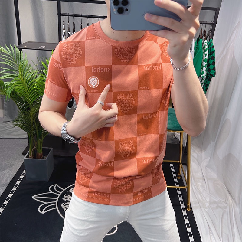 Áo nam Ngắn Tay Cổ Tròn Sọc Caro Thời Trang Hàn Quốc Mới