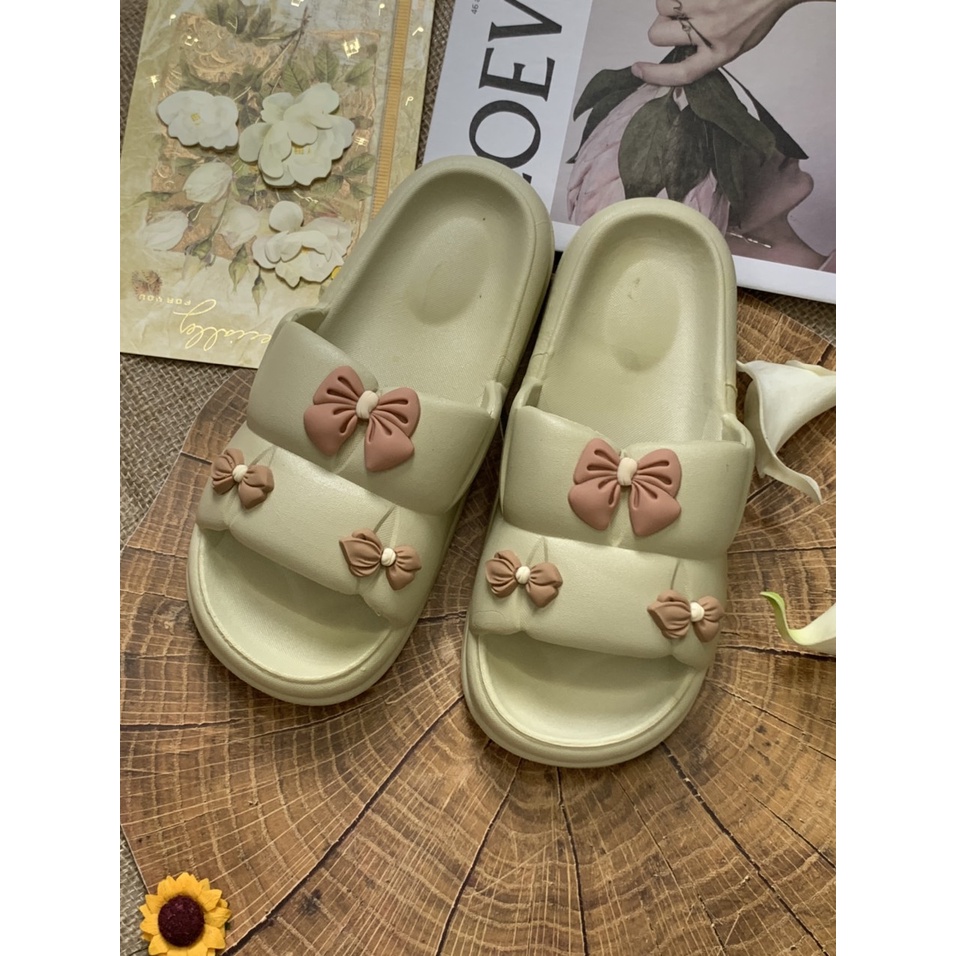 JY300- D32 - Dép nữ đế mềm mang trong nhà cho nữ siêu dễ thương đính họa tiết NƠ nhỏ