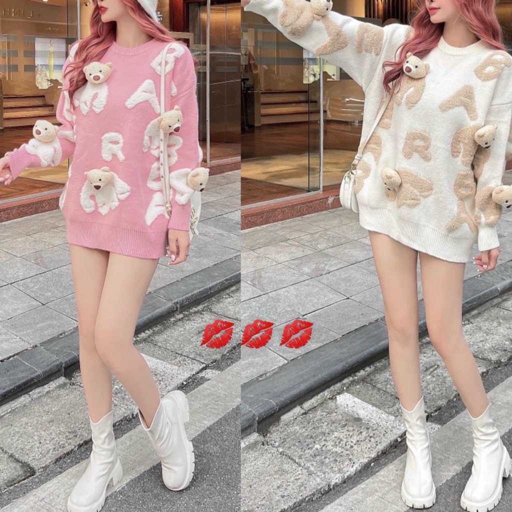 Áo len sweater chữ xù nổi đính gấu rời AL85