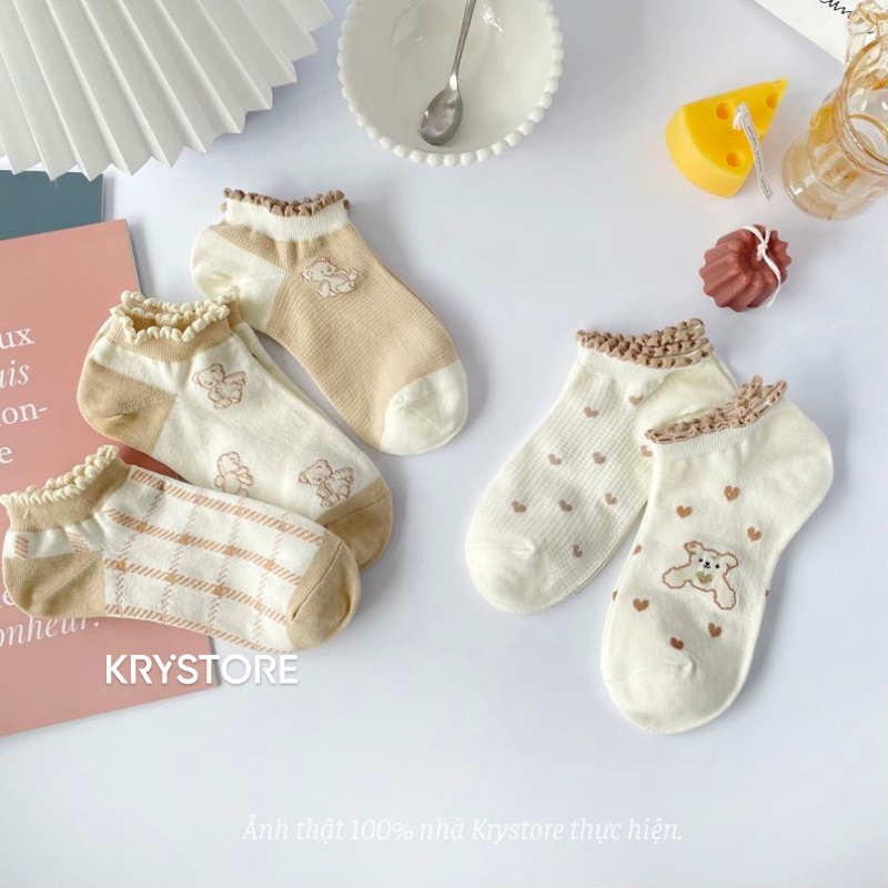 Set 5 đôi tất nữ ngắn cổ gấu nâu viền ren SN11