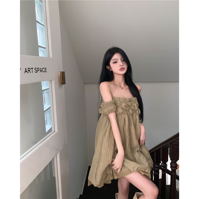 Váy babydoll trễ vai màu rêu cá tính AK3149