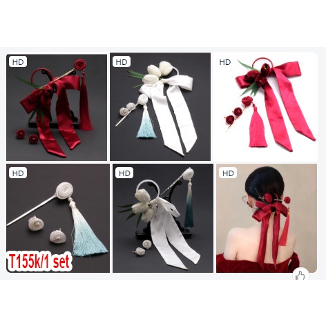 Combo cài tóc hoa tuy líp + trâm + băng đô tặng kèm bông tai màu đỏ mới