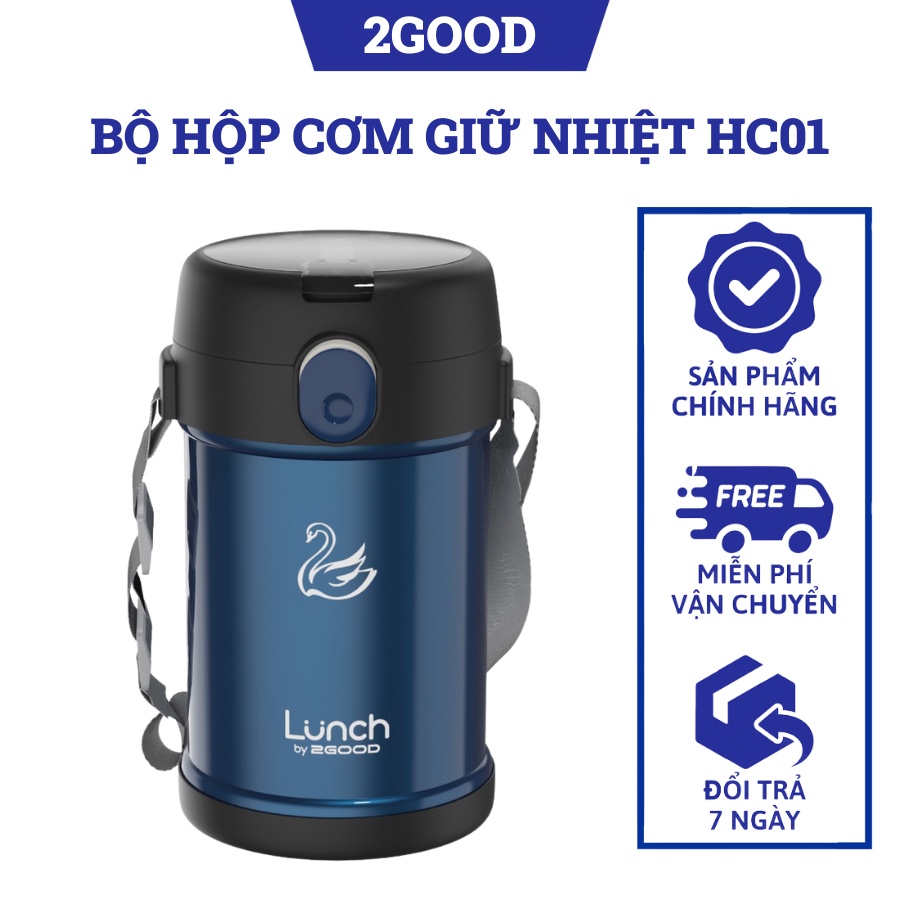 Bộ Hộp Cơm Giữ Nhiệt 2GOOD HC01 (2000ml) - Kèm Muỗng và Đũa Inox 304, Tặng túi giữ nhiệt, Bảo hành chính hãng 12 tháng