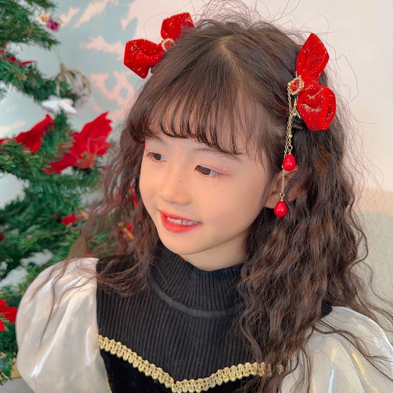 Kẹp Tóc Nơ Đỏ Hồng Phong Cách Công Chúa Dễ Thương Mừng Năm Mới Cho Bé Gái