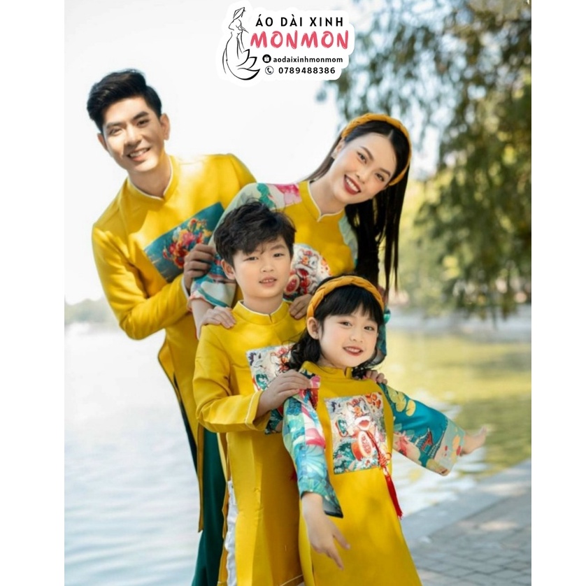 Áo dài cách tân gia đình NGHINH XUÂN Vàng, áo dài gia đình tết áo dài cặp đôi nam nữ áo dài mẹ bé trai bé gái áo dài tết