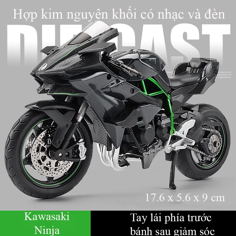 Mô hình xe mô tô Kawasaki Ninja H2R KAVY bằng hợp kim nguyên khối có nhạc và đèn tỷ lệ 1:12