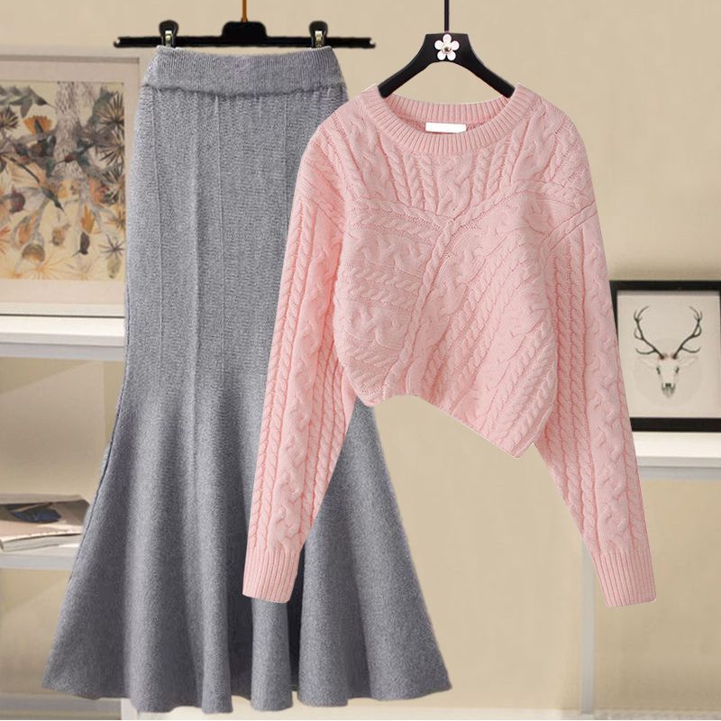 2024Set Áo Sweater Dệt Kim Phối Chân Váy Đuôi Cá Thời Trang Thu Đông   Cho Nữ