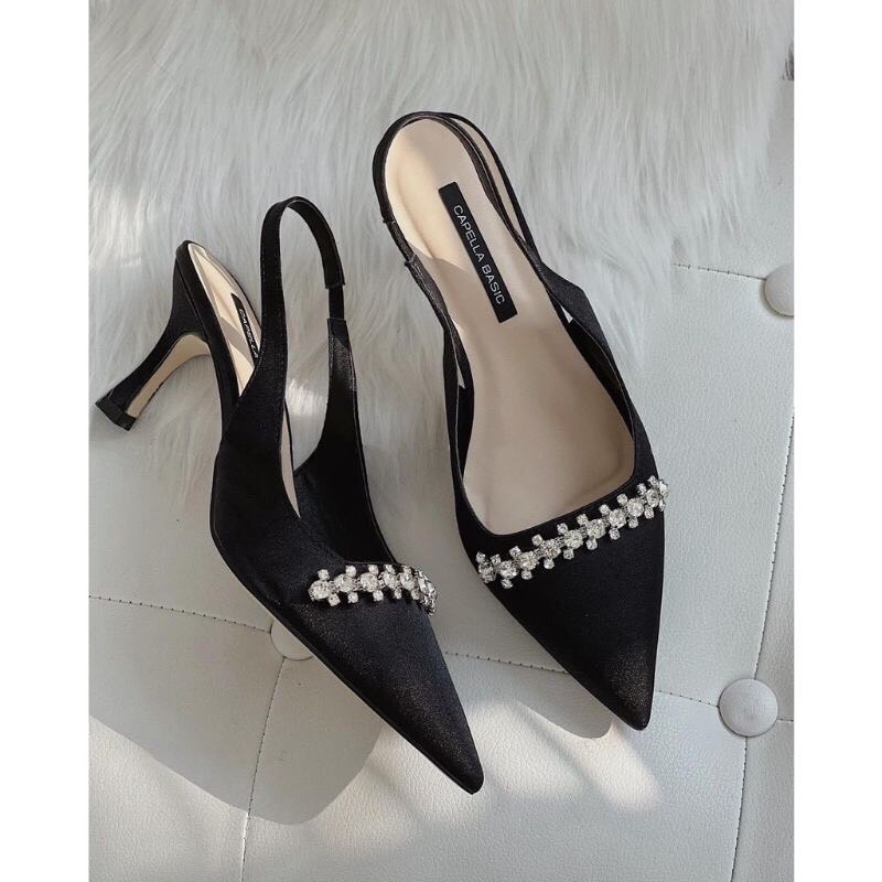 ❤️RẺ VÔ ĐỊCH❤️ Giày cao gót hở gót viền đá 2 màu đen trắng gót 6cm