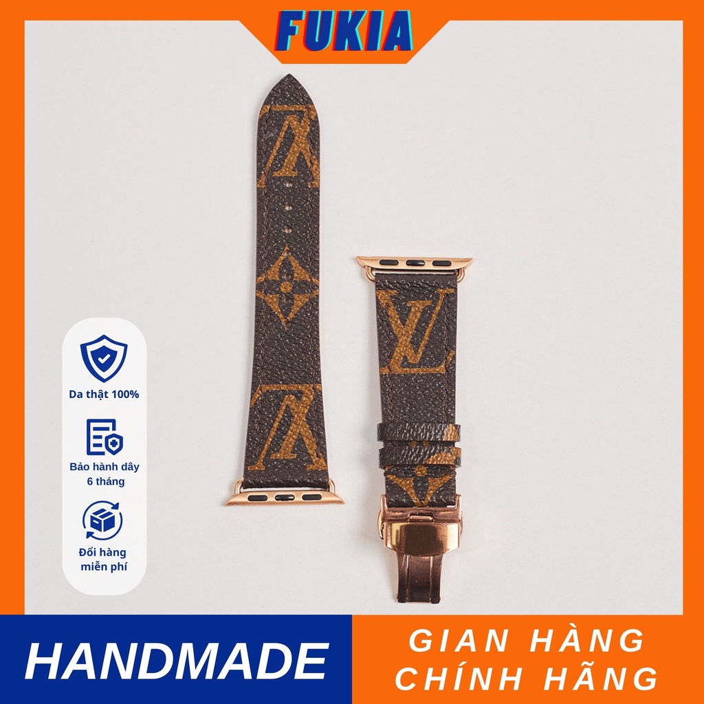 Dây da thủ công IV chữ nâu dành cho Apple Watch đồng hồ thông minh Series 1/2/3/4/5/6/7/SE FUKIA DDTC215
