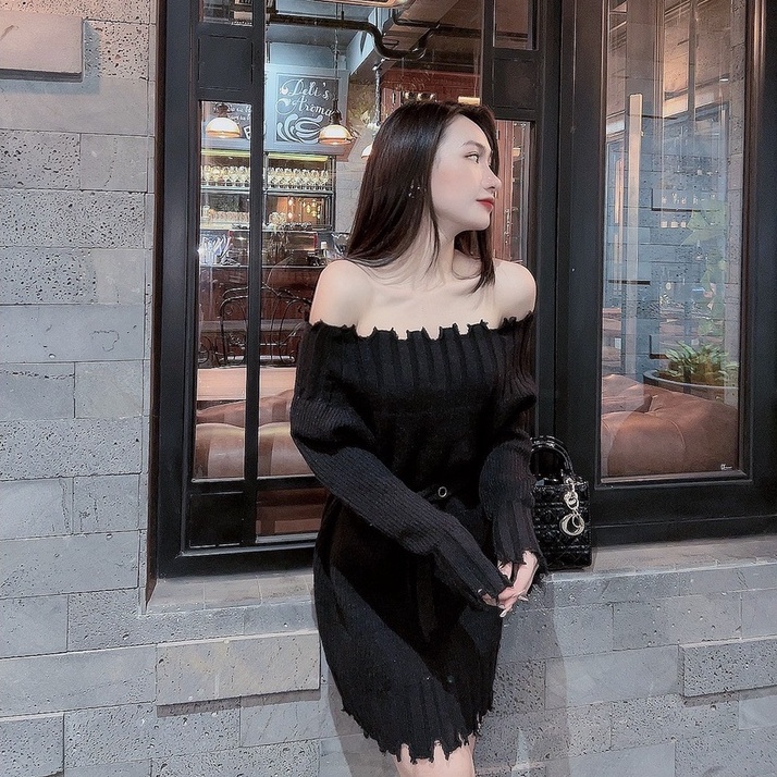 Váy Len QCCC Trễ Vai Thắt Đai Eo Bùi Đượm Concept, Đầm Body Len Hở Vai Dáng Ngắn Sexy Gợi Cảm 3 Màu Đen Hồng Trắng BĐ40