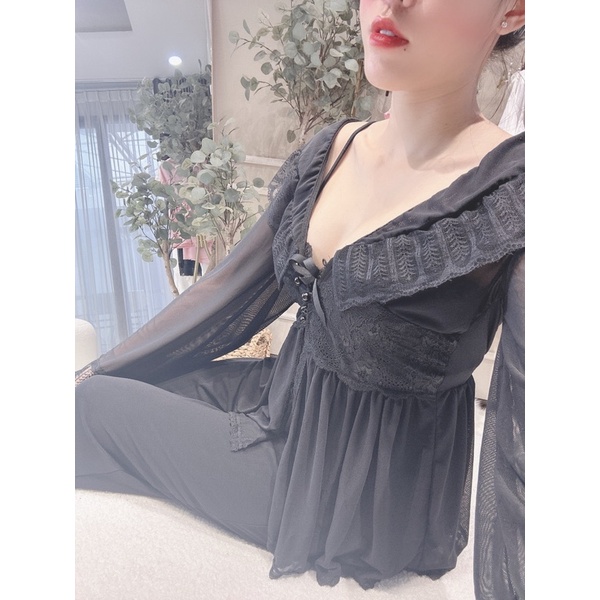 Set 3 món mặc nhà thun lưới , choàng tay loe nữ tính hàng cao cấp