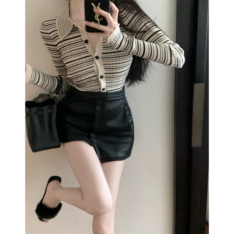 SUXI Áo Khoác Cardigan Dệt Kim Tay Dài Cổ POLO Họa Tiết Kẻ Sọc Màu Tương Phản Phong Cách Vintage Cho Nữ
