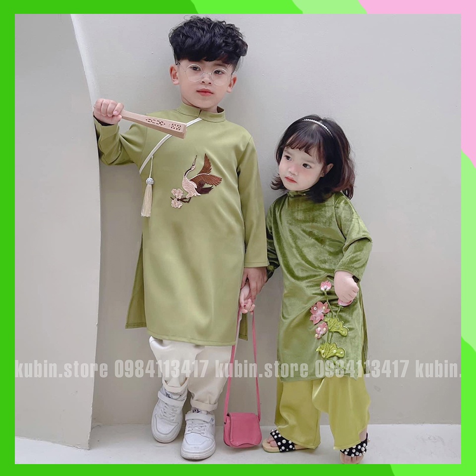 Áo dài bé trai hoàng hạc áo dài cách tân trẻ em chất liệu nhung cheo thêu hạc đủ size 2-9