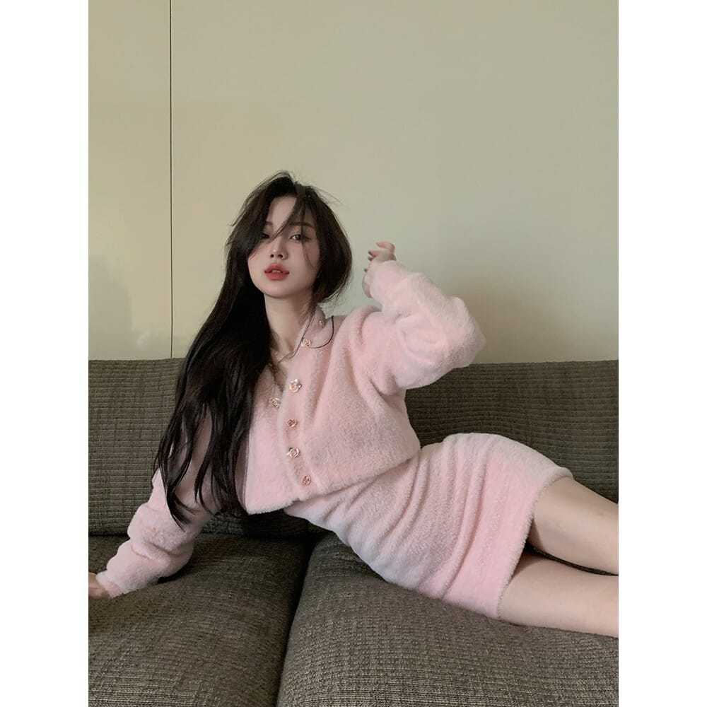 Set Áo Khoác Cardigan Dệt Kim Dài Tay Và Đầm Ôm Dáng Phong Cách Mới Dành Cho Nữ101722